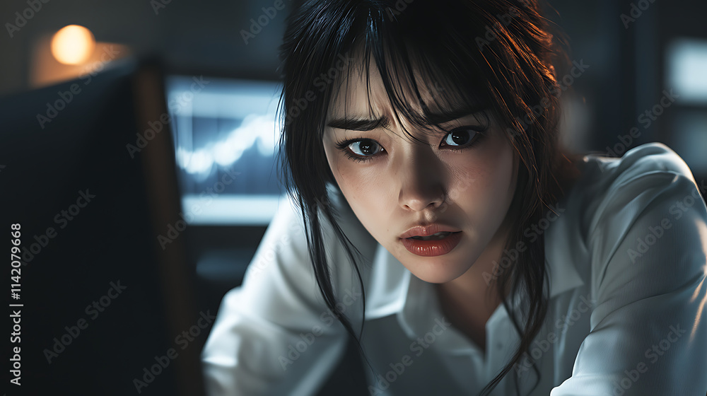 Focused Determination: A young woman with intense concentration, her eyes fixed on the computer screen, a single lamp illuminating her face, as if she's on the verge of a breakthrough. Focused Determination: A young woman with intense concentration, her eyes fixed on the computer screen, a single lamp illuminating her face, as if she's on the verge of a breakthrough.