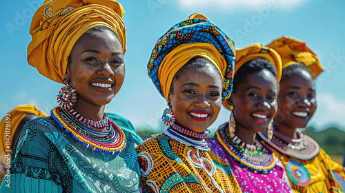 A dance group of four black South African people dressed in colorful traditional clothes with happy smiling facial expression in front of blue sky background.