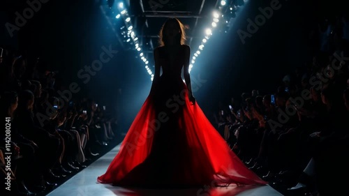 Professional model showcasing a stunning red gown captivates the audience during a high-energy fashion show, highlighting elegance and style on the runway