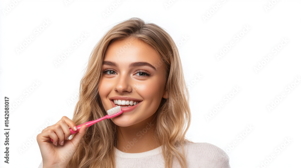 Smiling woman brushing teeth for dental hygiene and personal care Smiling woman brushing teeth for dental hygiene and personal care
