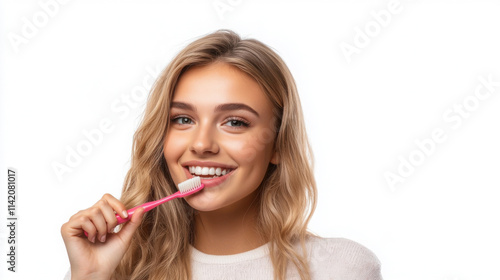 Wallpaper Mural Smiling woman brushing teeth for dental hygiene and personal care Torontodigital.ca