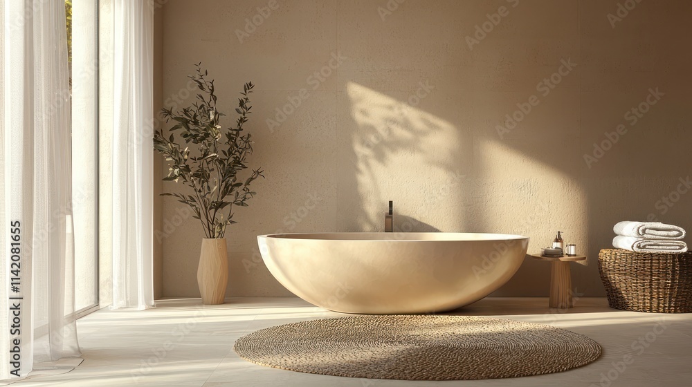 A modern spa-inspired bathroom with a freestanding tub, soft neutral tones, and natural textures for a peaceful atmosphere. A modern spa-inspired bathroom with a freestanding tub, soft neutral tones, and natural textures for a peaceful atmosphere.
