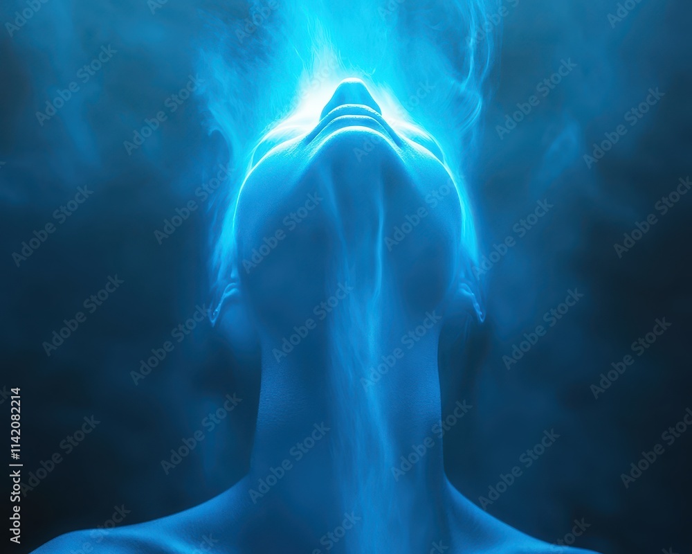 Ethereal blue light radiating from a neck, symbolizing calmness and inner peace