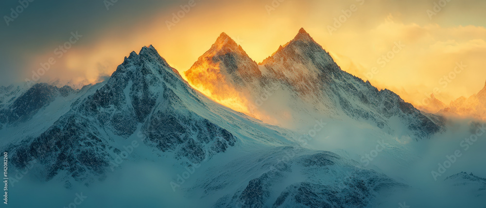 Obraz premium The mountains are covered in snow and the sun is shining on them