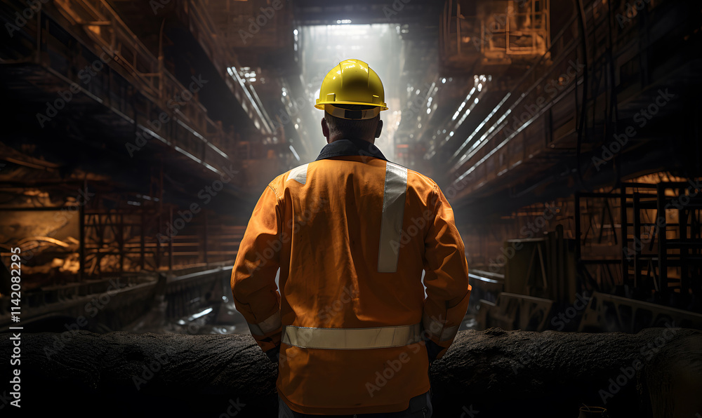 Image of a construction engineer standing in front of a tunnel under construction. Image of a construction engineer standing in front of a tunnel under construction.