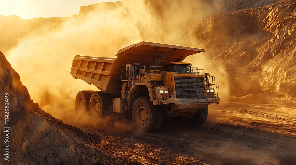 Large mining truck hauling ore through dusty quarry Large mining truck hauling ore through dusty quarry