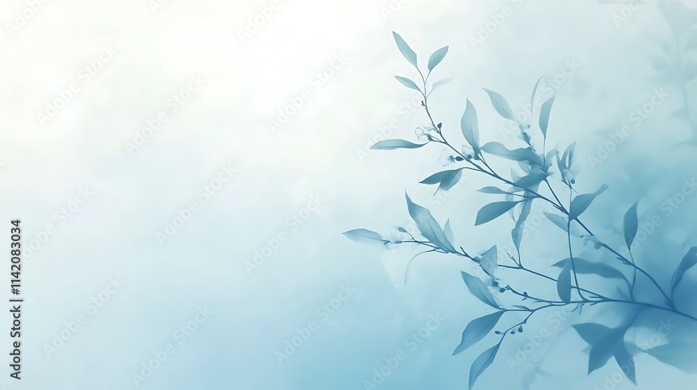 Serene Blue Branch With Delicate Leaves And Blossoms Serene Blue Branch With Delicate Leaves And Blossoms