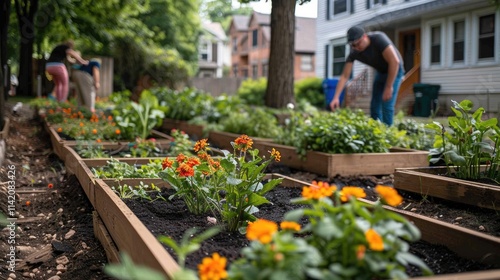 Fototapeta Naklejka Na Ścianę i Meble -  A community garden in an urban neighborhood, with people planting flowers and vegetables, compost bins in the background.