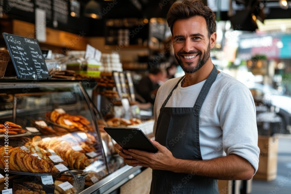 Young man holding a tablet and smiling while analyzing market trends in a casual urban coffee shop with natural window lighting and a vibrant atmosphere. Young man holding a tablet and smiling while analyzing market trends in a casual urban coffee shop with natural window lighting and a vibrant atmosphere.