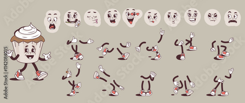 Cupcake cartoon character with groovy comic faces set. Funny cake mascot with bundle of happy, smile, sad, angry, love, like and other facial emotions, legs poses, hands gestures. Vector illustration.