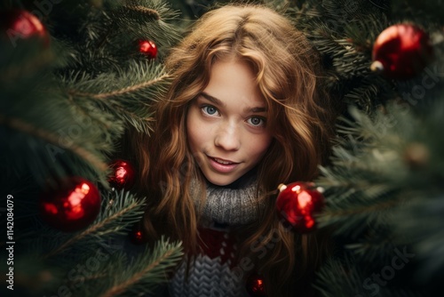 Portrait of a smiling girl with curly hair peeking through christmas tree branches decorated with red baubles