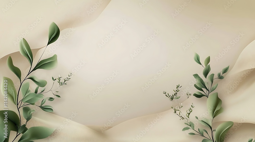 Elegant Beige Background With Green Leaf Branches
