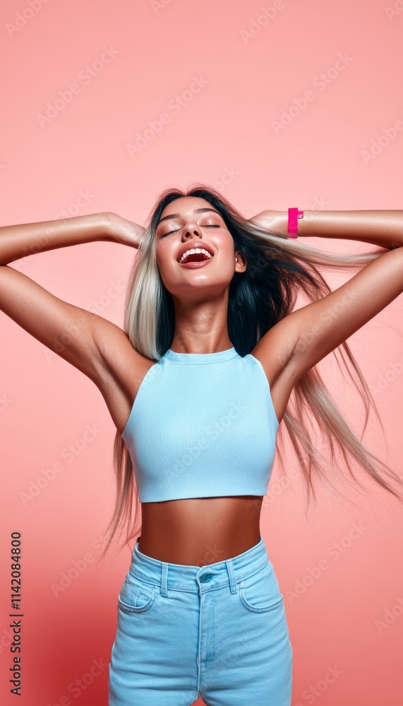 Carefree Stylish Young Woman with Blonde Highlights Smiling Joyfully on a Pink Background Carefree Stylish Young Woman with Blonde Highlights Smiling Joyfully on a Pink Background
