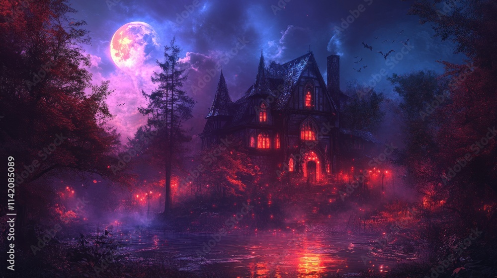 Obraz premium Haunted Mansion on a Moonlit Night