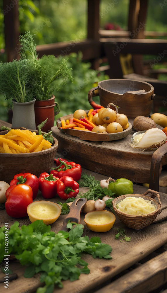 Fresh vegetables and herbs beautifully arranged on a rustic table with natural sunlight. Ideal for themes of organic food, healthy living, gardening, and natural rustic lifestyle.
Fresh vegetables and herbs beautifully arranged on a rustic table with natural sunlight. Ideal for themes of organic food, healthy living, gardening, and natural rustic lifestyle.