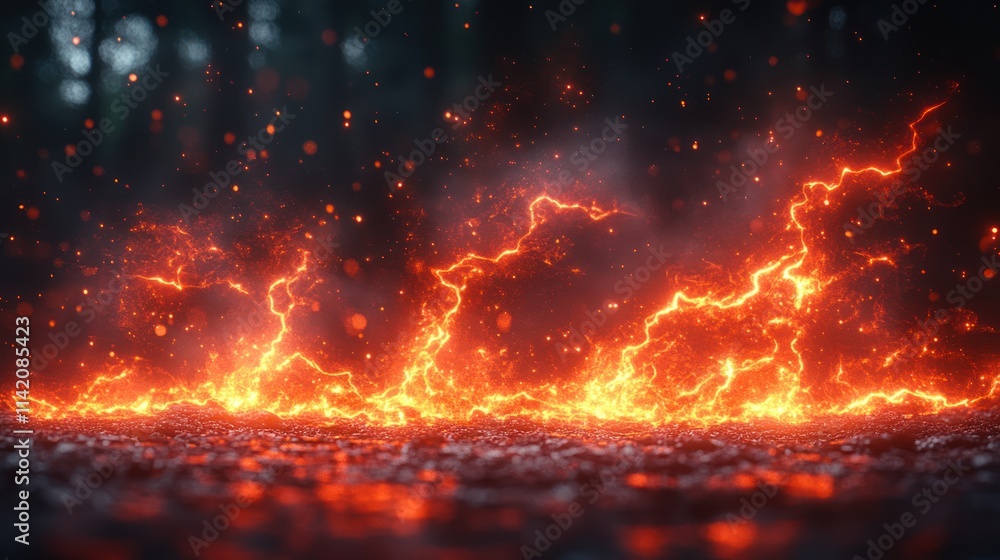 Fiery ground, sparks, and smoke effect in dark forest. Fiery ground, sparks, and smoke effect in dark forest.