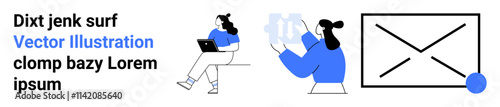 Characters sitting with laptops, analyzing data with charts, large envelope icon, blue and black colors. Ideal for business, technology, data analysis, communication, management, modern work