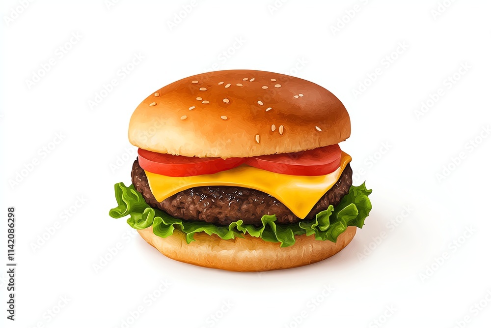 A delicious cheeseburger with lettuce, tomato, and cheddar cheese on a sesame seed bun, perfect for a quick meal. A delicious cheeseburger with lettuce, tomato, and cheddar cheese on a sesame seed bun, perfect for a quick meal.