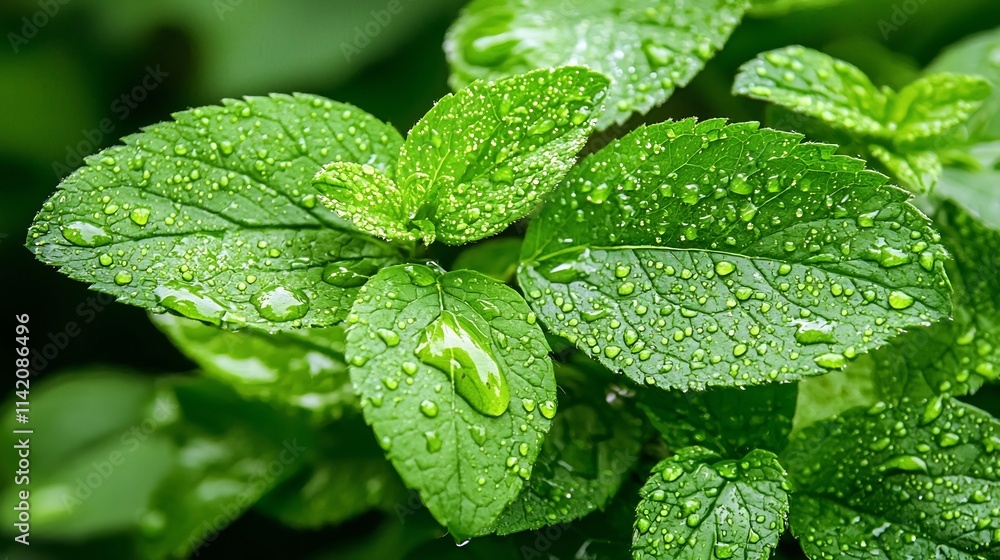 Closeup shot of green plant leaves with water droplets evaporating into the air highlighting the natural process where moisture is released from the leaves into the atmosphere Closeup shot of green plant leaves with water droplets evaporating into the air highlighting the natural process where moisture is released from the leaves into the atmosphere