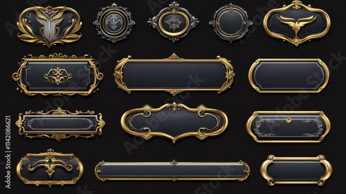 Medieval buttons, ui game menu elements, oblong banners and gold silver ornate rims. Empty royal gui bars for rpg or arcade, golden borders, web design interface Cartoon 3d vector illustration, set