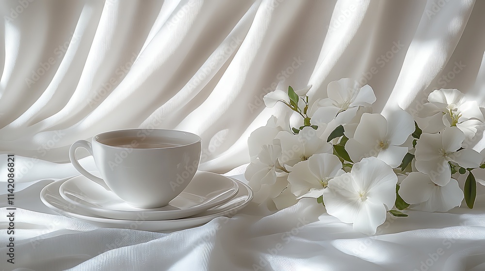 Serene White Teacup Flowers and Silk Drape Serene White Teacup Flowers and Silk Drape