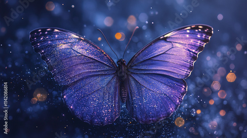 Magical purple butterfly with sparkling details on dark blue background