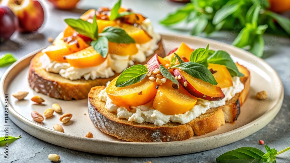 Peach Bruschetta Recipe: Close-Up Ricotta, Basil, Almond Platter Peach Bruschetta Recipe: Close-Up Ricotta, Basil, Almond Platter