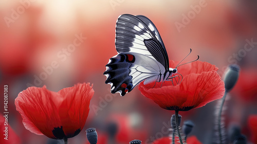 black and white butterfly perched on vibrant red poppy flowers, creating serene scene