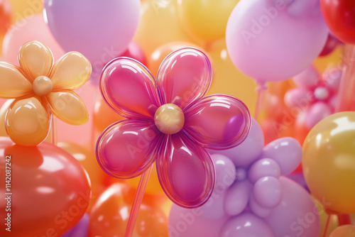 colorful 3d flower-shaped balloon  glass sculptures on gradient background, perfect for celebrations, greetings, and festive decorations photo