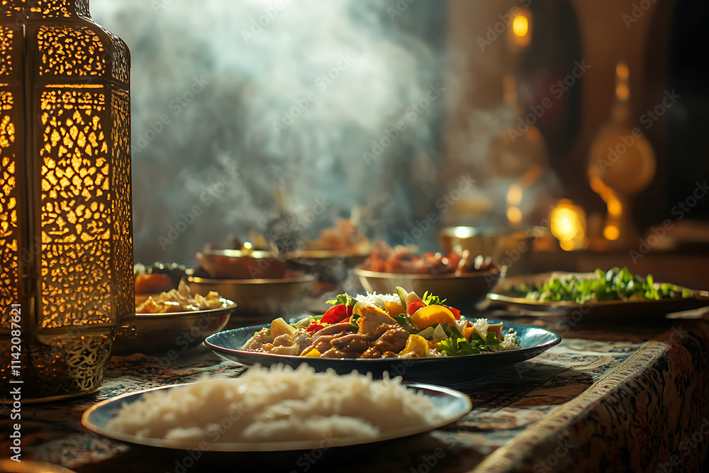 Arabic food table with multiple plates of different dishes, and traditional lanterns. Ai generative Arabic food table with multiple plates of different dishes, and traditional lanterns. Ai generative