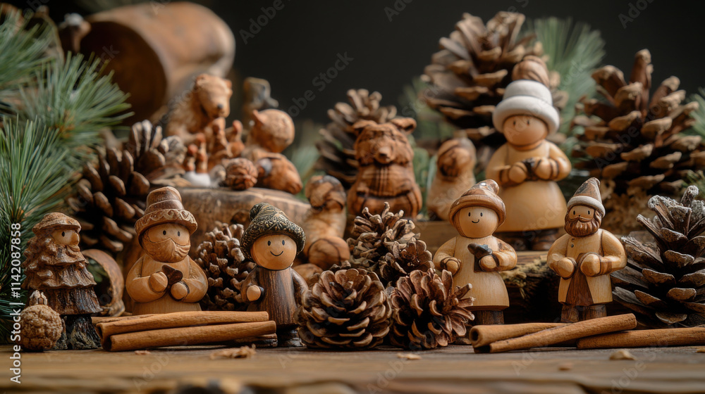 Traditional christmas figures and pine cones in cozy holiday arrangement Traditional christmas figures and pine cones in cozy holiday arrangement