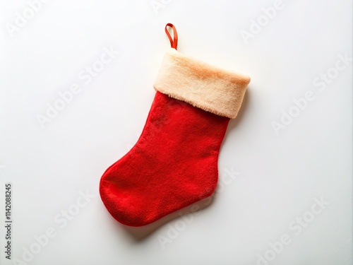 Festive red stocking on white, perfect Christmas stock photo; holiday cheer in a classic flat lay. photo