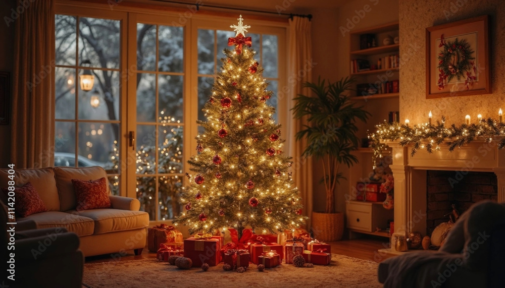 A beautifully decorated Christmas tree, decorated with sparkling ornaments, twinkling lights and festive garlands A beautifully decorated Christmas tree, decorated with sparkling ornaments, twinkling lights and festive garlands