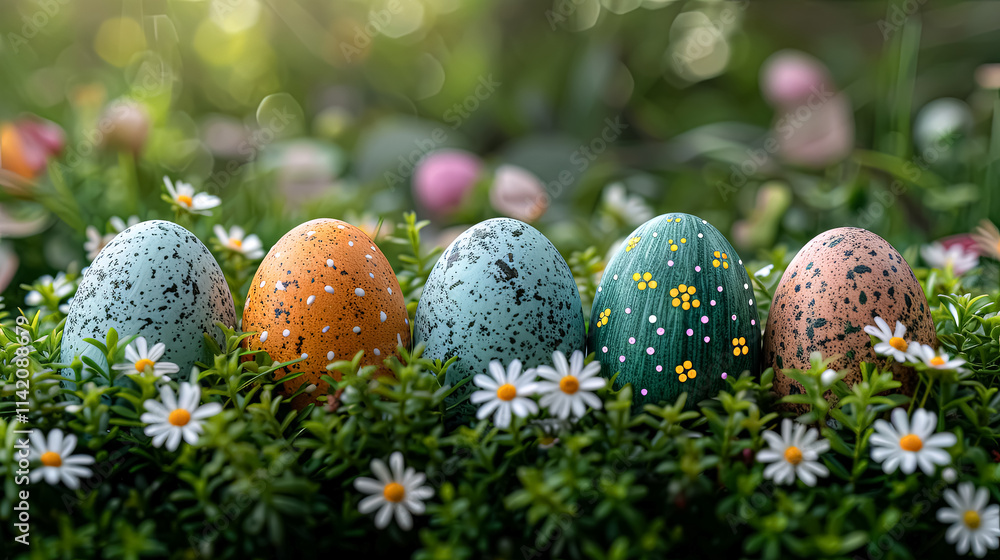 Group of painted eggs are sitting in a field of flowers. The eggs are of different colors and sizes, and they are surrounded by green grass. The scene is peaceful and serene, with the eggs Group of painted eggs are sitting in a field of flowers. The eggs are of different colors and sizes, and they are surrounded by green grass. The scene is peaceful and serene, with the eggs