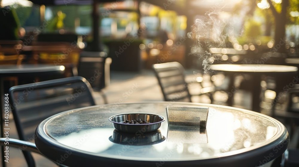 Outdoor café table with an ashtray and smoke. Outdoor café table with an ashtray and smoke.