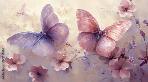 Wallpaper Mural Delicate pink and lavender butterflies with soft flowers in background Torontodigital.ca