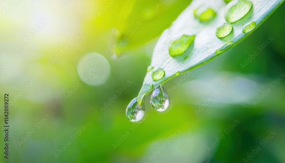 Close-Up of Fresh Green Leaf with Dew Drops Reflecting Sunlight. Nature's Morning Refreshment Concept, Symbolizing Purity, Growth, Eco Friendly Inspiration, Natural Beauty, and Tranquility Close-Up of Fresh Green Leaf with Dew Drops Reflecting Sunlight. Nature's Morning Refreshment Concept, Symbolizing Purity, Growth, Eco Friendly Inspiration, Natural Beauty, and Tranquility
