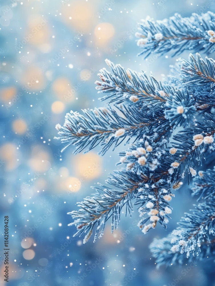 Snowy pine branches with glowing bokeh lights, frosted winter needles, cozy seasonal ambiance, festive charm, magical Christmas scene, elegant natural holiday decor Snowy pine branches with glowing bokeh lights, frosted winter needles, cozy seasonal ambiance, festive charm, magical Christmas scene, elegant natural holiday decor