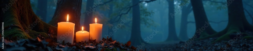 Flickering candles casting an eerie glow in the misty woods, candle, glow, night Flickering candles casting an eerie glow in the misty woods, candle, glow, night