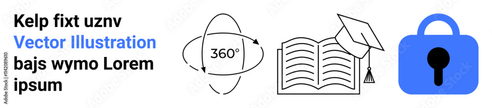 Open book with graduation cap symbol, 360-degree arrows, and blue lock icon representing education and security concepts. Ideal for academic presentations, e-learning platforms, online courses Open book with graduation cap symbol, 360-degree arrows, and blue lock icon representing education and security concepts. Ideal for academic presentations, e-learning platforms, online courses