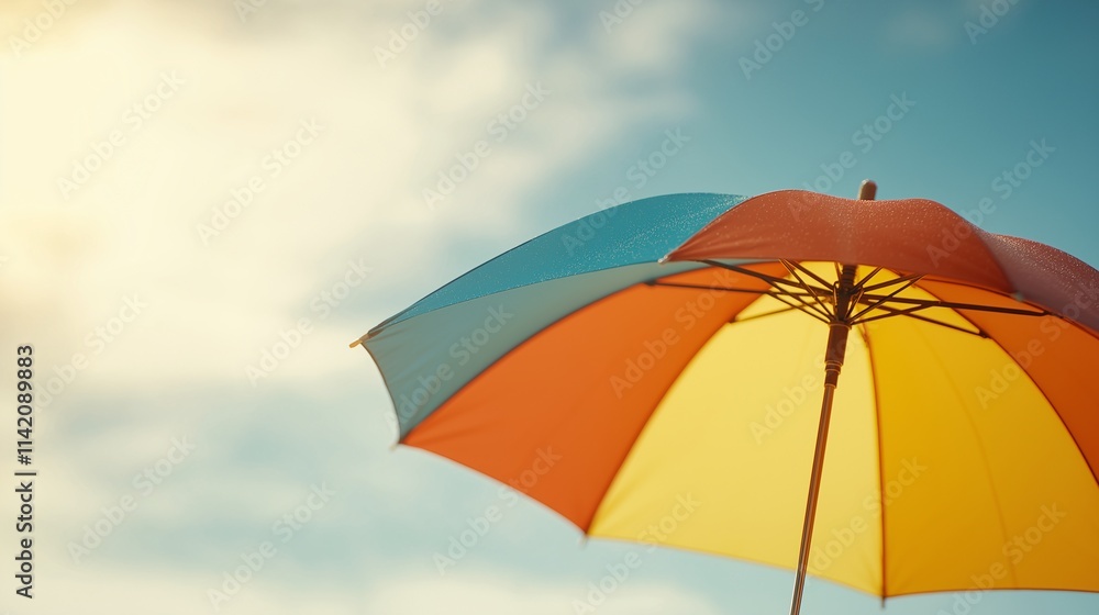 Colorful Rainbow Umbrella Against a Bright Sky, Symbolizing Fun and Protection in Various Weather Conditions, Perfect for Summertime and Outdoor Activities Colorful Rainbow Umbrella Against a Bright Sky, Symbolizing Fun and Protection in Various Weather Conditions, Perfect for Summertime and Outdoor Activities