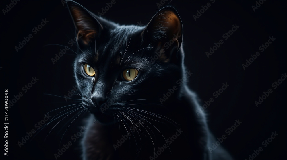 A black cat, graceful and elegant, intensely lit for dramatic effect, refined facial features, high contrast creating tension, focus on refined details A black cat, graceful and elegant, intensely lit for dramatic effect, refined facial features, high contrast creating tension, focus on refined details