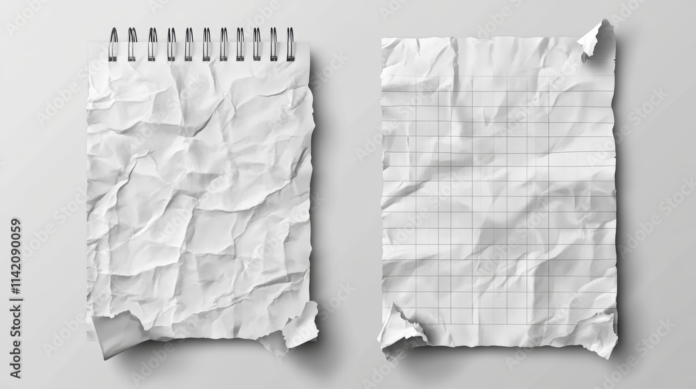 Crumpled paper effect, flyers, texture, posters. Black, white and notebook sheet with checks. Blank page templates, banners isolated on transparent background, Realistic 3d vector illustration, set Crumpled paper effect, flyers, texture, posters. Black, white and notebook sheet with checks. Blank page templates, banners isolated on transparent background, Realistic 3d vector illustration, set