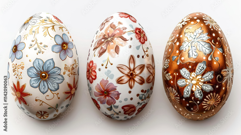 Three eggs with flowers on them. The eggs are different colors and sizes. They are arranged in a row on a white background Three eggs with flowers on them. The eggs are different colors and sizes. They are arranged in a row on a white background