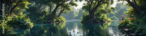 Dense foliage surrounds a tranquil blue waterway, calm, greenery, serenity