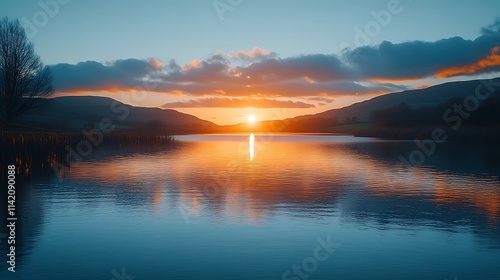 Serene Sunset Over Calm Lake Mountainscape