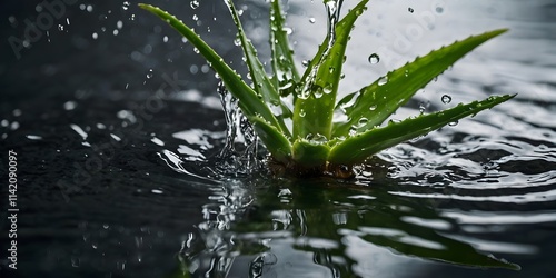 Fresh Aloe Vera Plant with Water Droplets in a Dark Studio Setup