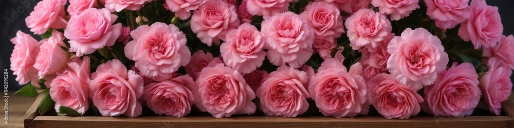 Fototapeta premium delicate pink roses and carnations in a handcrafted wooden box, natural beauty, antique look