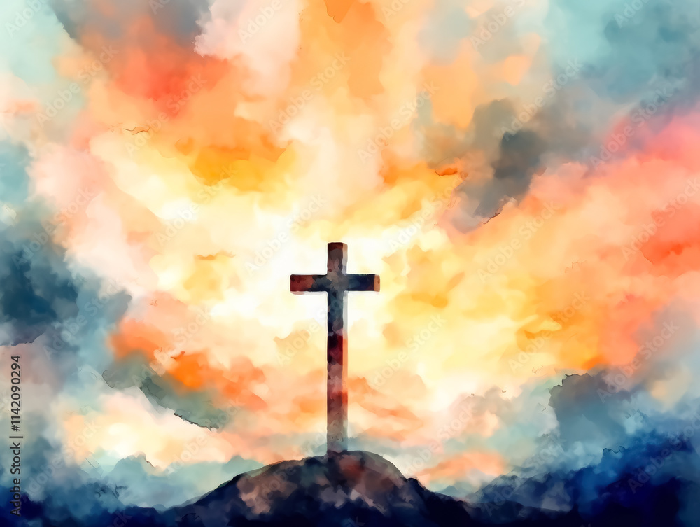 Fototapeta premium Painting of a cross with a sun in the sky. The sky is filled with clouds and the sun is shining brightly. The painting has a peaceful and serene mood, with the cross representing hope
