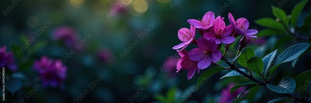 Obraz premium Dark purple flowers on a flowering bush with green leaves and a small tree shape, blooms at night, foliage